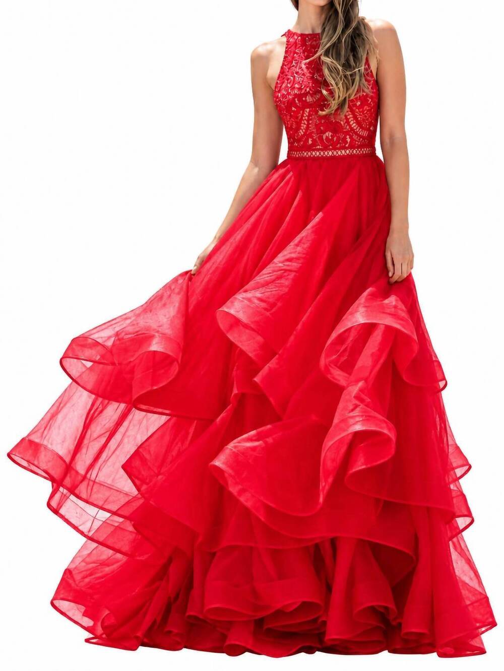 NEW ANGELA & ALISON sleeveless lace dress in red